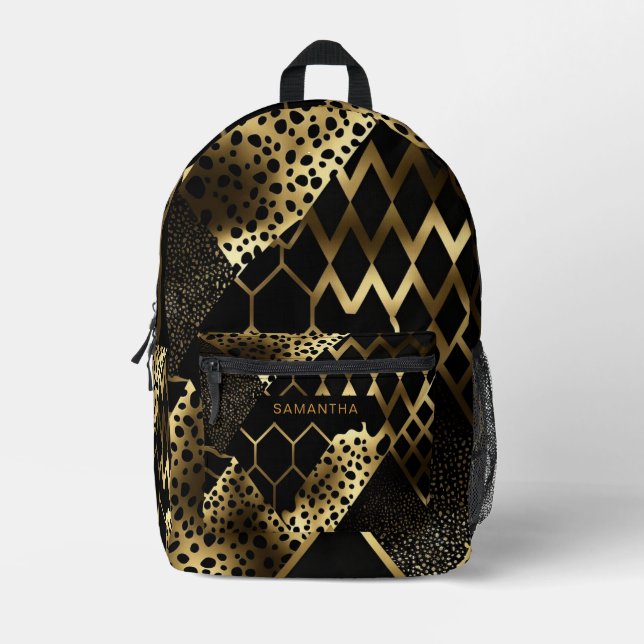 Black and Gold Animal Print (6) Printed Backpack (Front)