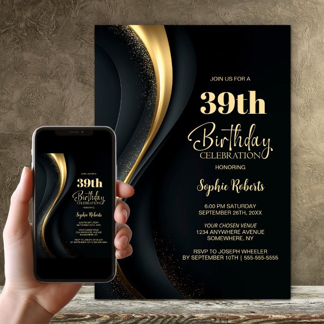 Black and Gold Any Age Birthday Party Invitation (Creator Uploaded)