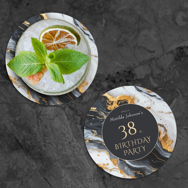 Black and Gold Any Age Birthday  Round Paper Coaster (Black and Gold Any Age Birthday Round Paper Coaster)