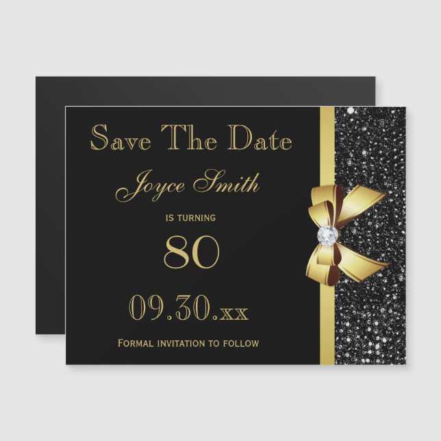 Black and Gold Any Age Birthday Save The Date Magnetic Invitation (Front/Back)