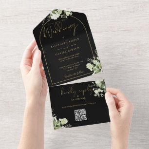 Black And Gold Arch Greenery QR Code Wedding All In One Invitation