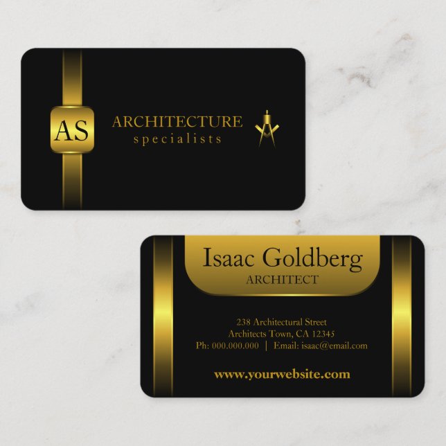 Black and Gold Architect Compass Architecture Business Card (Front/Back)