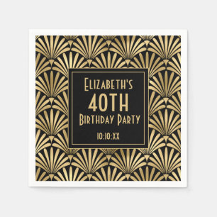 Black and Gold Art Deco 40th Birthday Party Napkin