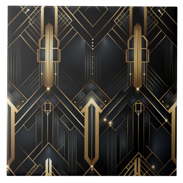 Black and Gold Art Deco Architectural Lines Tile (Front)