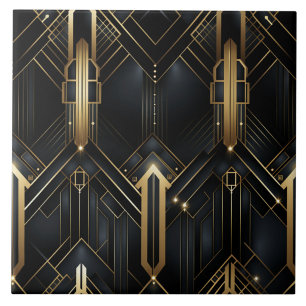 Black and Gold Art Deco Architectural Lines Tile