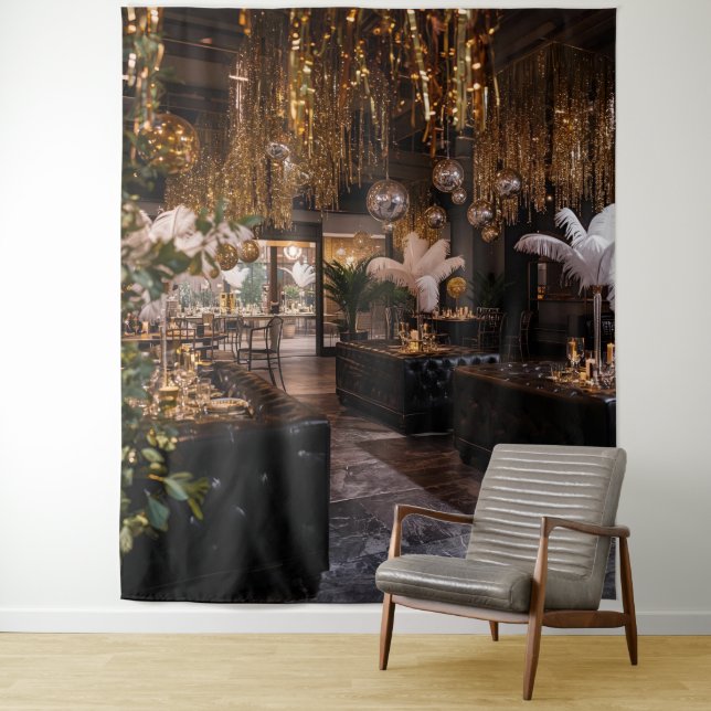 Black and Gold Art Deco Back Drop Tapestry (In Situ)