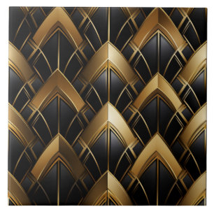 Black and Gold Art Deco Chevron Pattern Tile