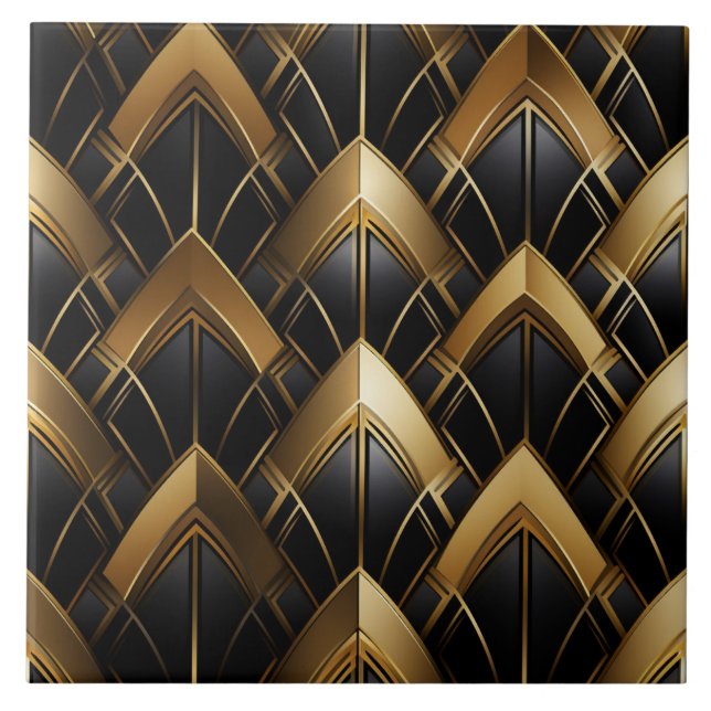 Black and Gold Art Deco Chevron Pattern Tile (Front)