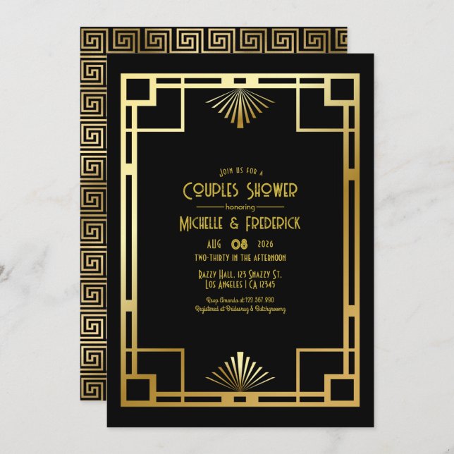 Black and Gold Art Deco Couples Shower Photo Invitation (Front/Back)