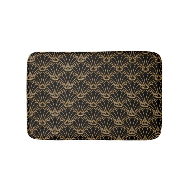 Black and Gold Art Deco Fan Flower Motif Bath Mat (Front)