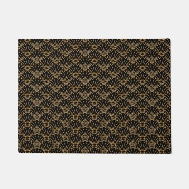 Black and Gold Art Deco Fan Flower Motif Doormat (Front)