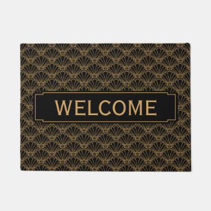 Black and Gold Art Deco Fan Flower Motif Doormat