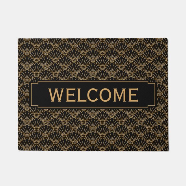 Black and Gold Art Deco Fan Flower Motif Doormat (Front)