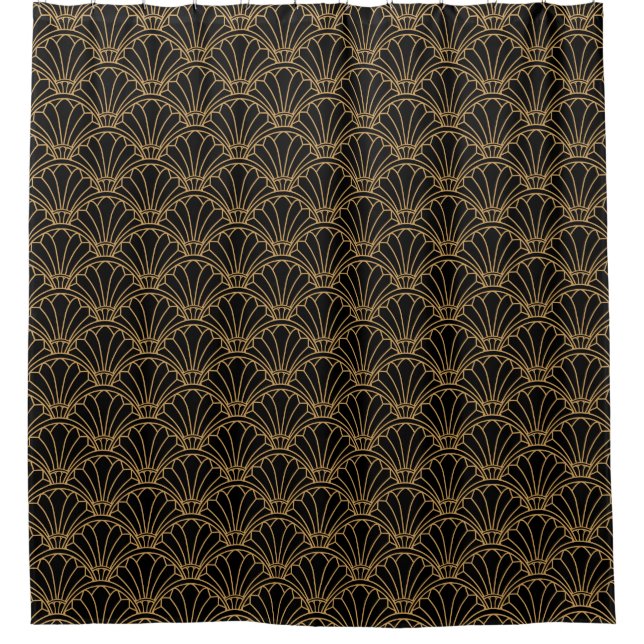 Black and Gold Art Deco Fan Flower Motif  Shower Curtain (Front)