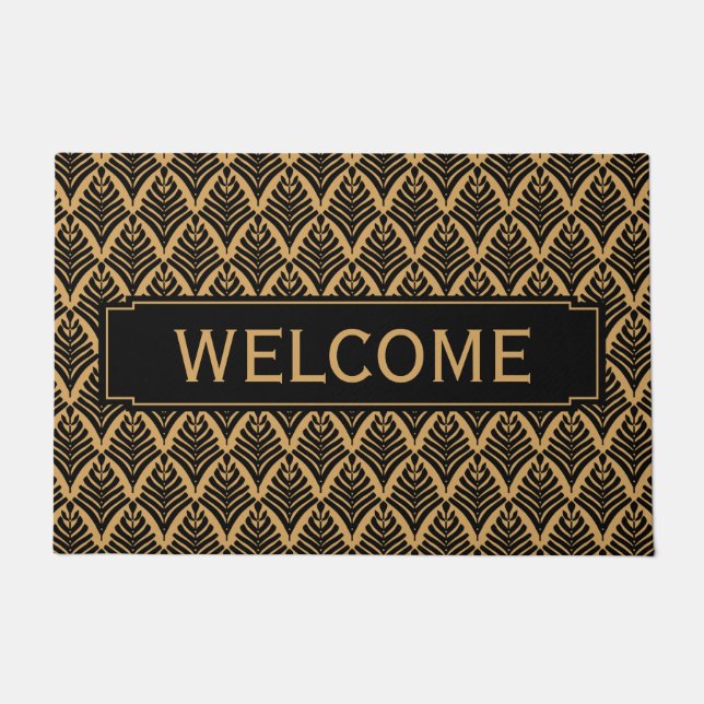 Black and Gold Art Deco Fan Flower Pattern Doormat (Front)