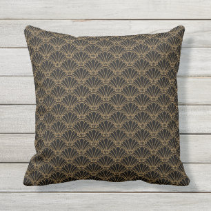 Black and Gold Art Deco Fan Flowers Motif Cushion