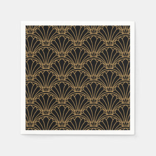 Black and Gold Art Deco Fan Flowers Motif Napkin