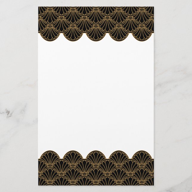 Black and Gold Art Deco Fan Flowers Motif Stationery (Front)