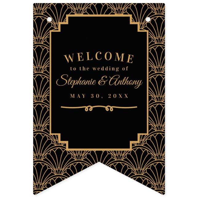 Black and Gold Art Deco Fan Flowers Wedding   Bann Bunting (Eleventh Flag)