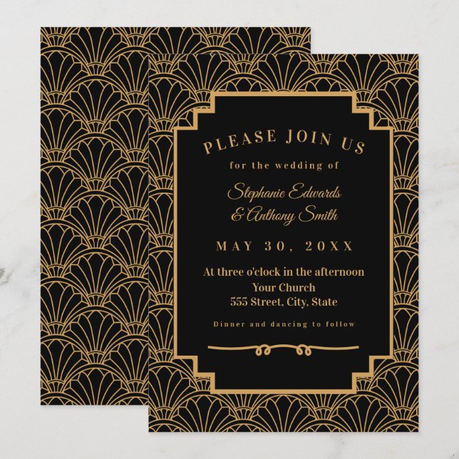 Black and Gold Art Deco Fan Flowers Wedding   Invitation (Front/Back)