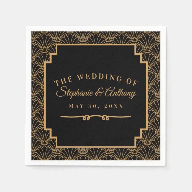 Black and Gold Art Deco Fan Flowers Wedding    Napkin (Front)