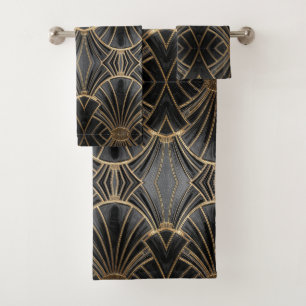 black and gold Art Deco fan pattern  Bath Towel Set