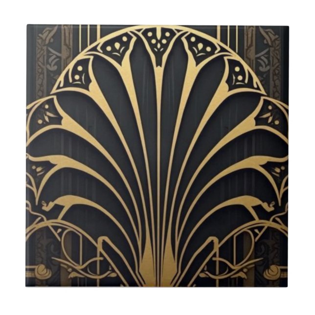 black and gold Art Deco fan pattern  Tile (Front)