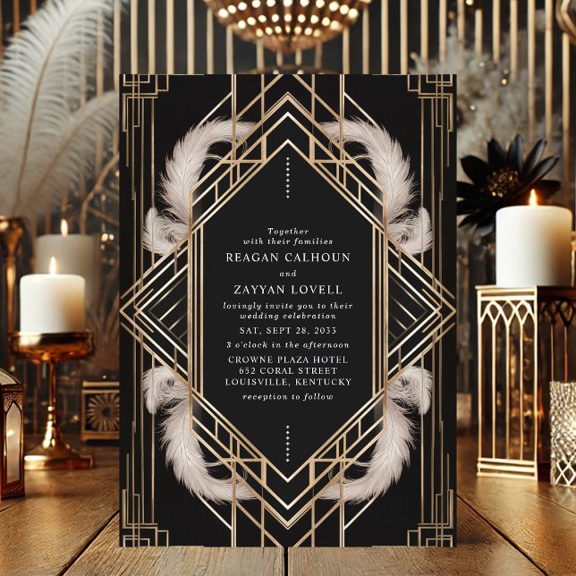Black and Gold Art Deco Feather Wedding Invitation (Creator Uploaded)