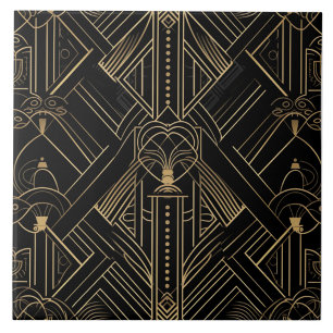 Black and Gold Art Deco Fine Line Ornament Tile