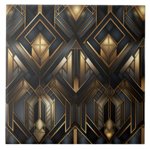 Black and Gold Art Deco Framed Diamonds Tile