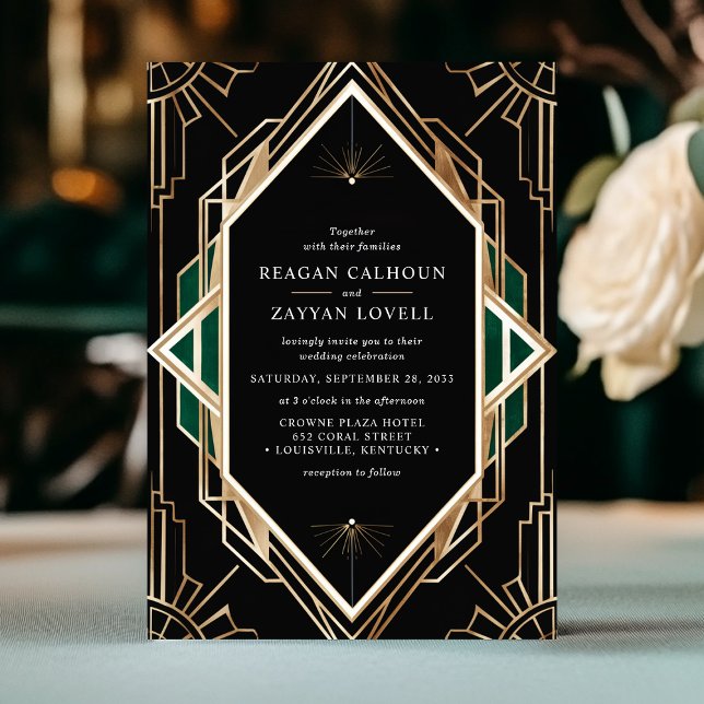 Black and Gold Art Deco Geometric Emerald Wedding  Invitation (Creator Uploaded)