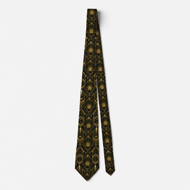 Black and Gold Art Deco Geometric Luxury Tie (Front)