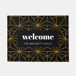 Black and gold art deco geometric pattern doormat