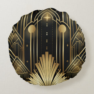 Black and Gold Art Deco - Geometric Vintage Elegan Round Cushion