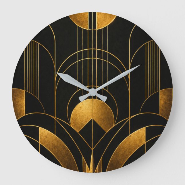Black and Gold Art Deco Geometric Wall Clock (Front)
