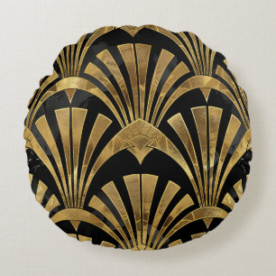Black and gold art deco luxury pattern round cushion