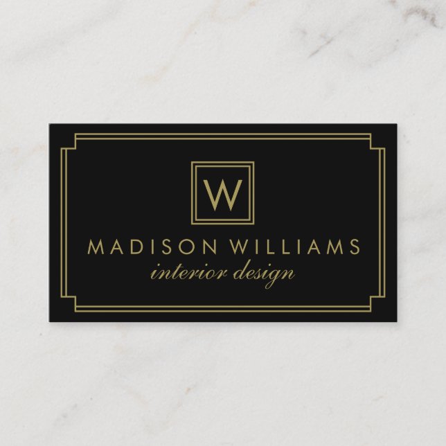 Black and Gold Art Deco Monogram Business Card (Front)