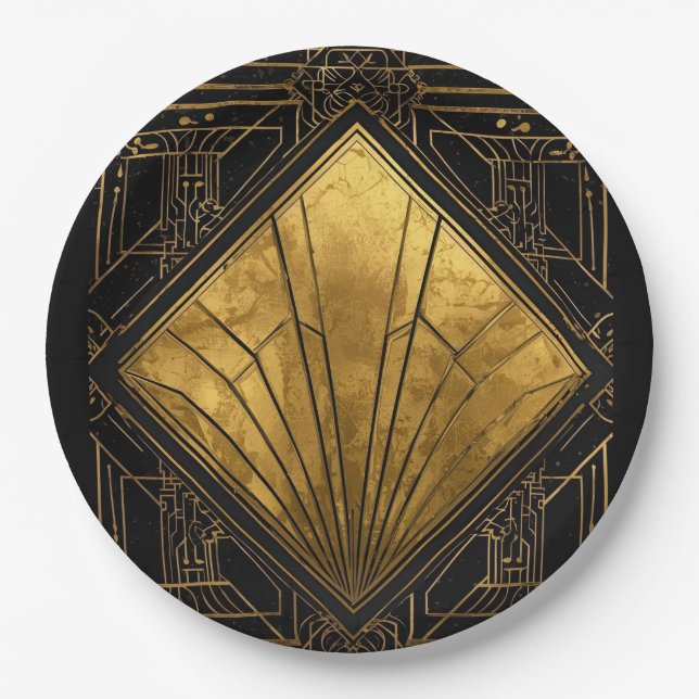Black and Gold Art Deco  Paper Plate (Front)