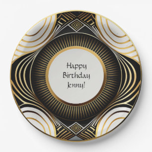 Black and Gold Art Deco Paper Plates Personalised