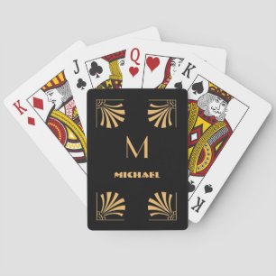 Black and Gold Art Deco Pattern   Monogram & Name Playing Cards