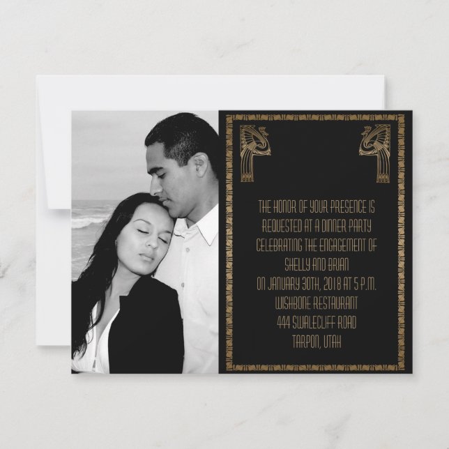 Black and Gold Art Deco Peacock Wedding Engagement Invitation (Front)