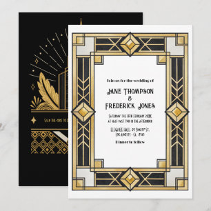 Black and Gold Art Deco QR Code RSVP Wedding Invitation