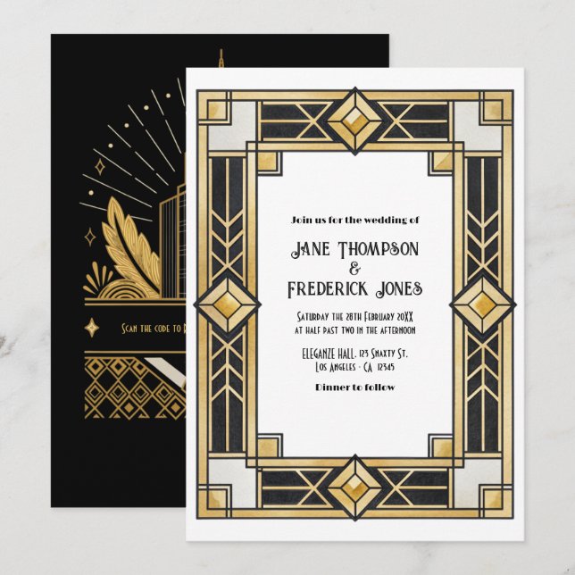 Black and Gold Art Deco QR Code RSVP Wedding Invitation (Front/Back)