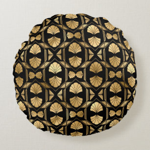 Black and Gold Art Deco Round Throw Pillow