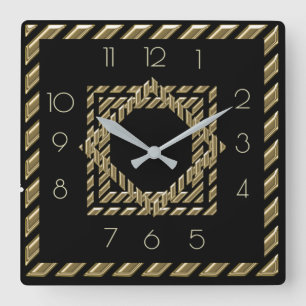Black and gold Art Deco Square Wall Clock