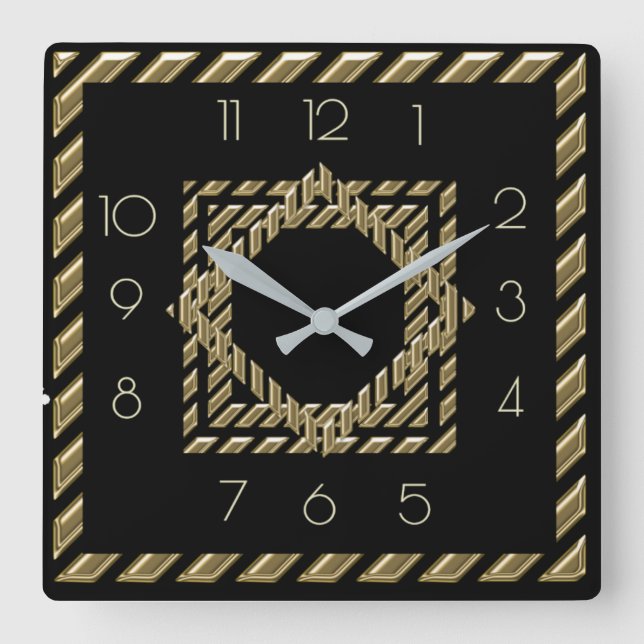 Black and gold Art Deco Square Wall Clock (Front)