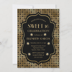 Black and Gold Art Deco Vintage Frame Sweet 16 Invitation