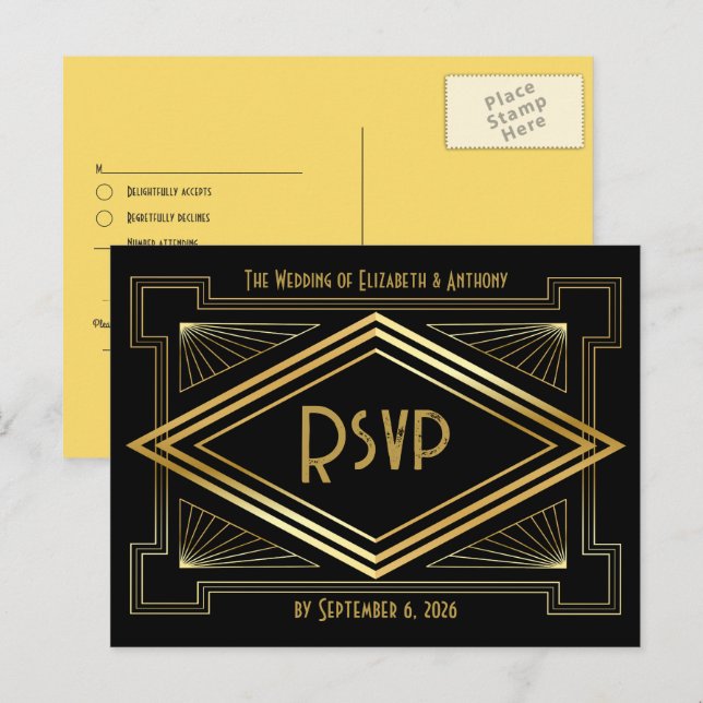 Black and Gold Art Deco Wedding RSVP QR Code Postcard (Front/Back)