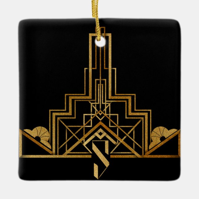 Black and Gold Art Nouveau/Deco Pattern on a Ceramic Ornament (Front)