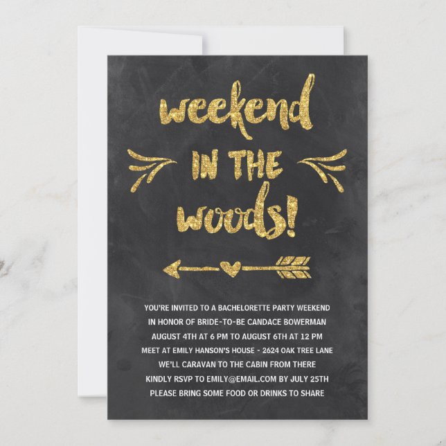 Black and Gold Bachelorette Weekend Cabin Invitation (Front)